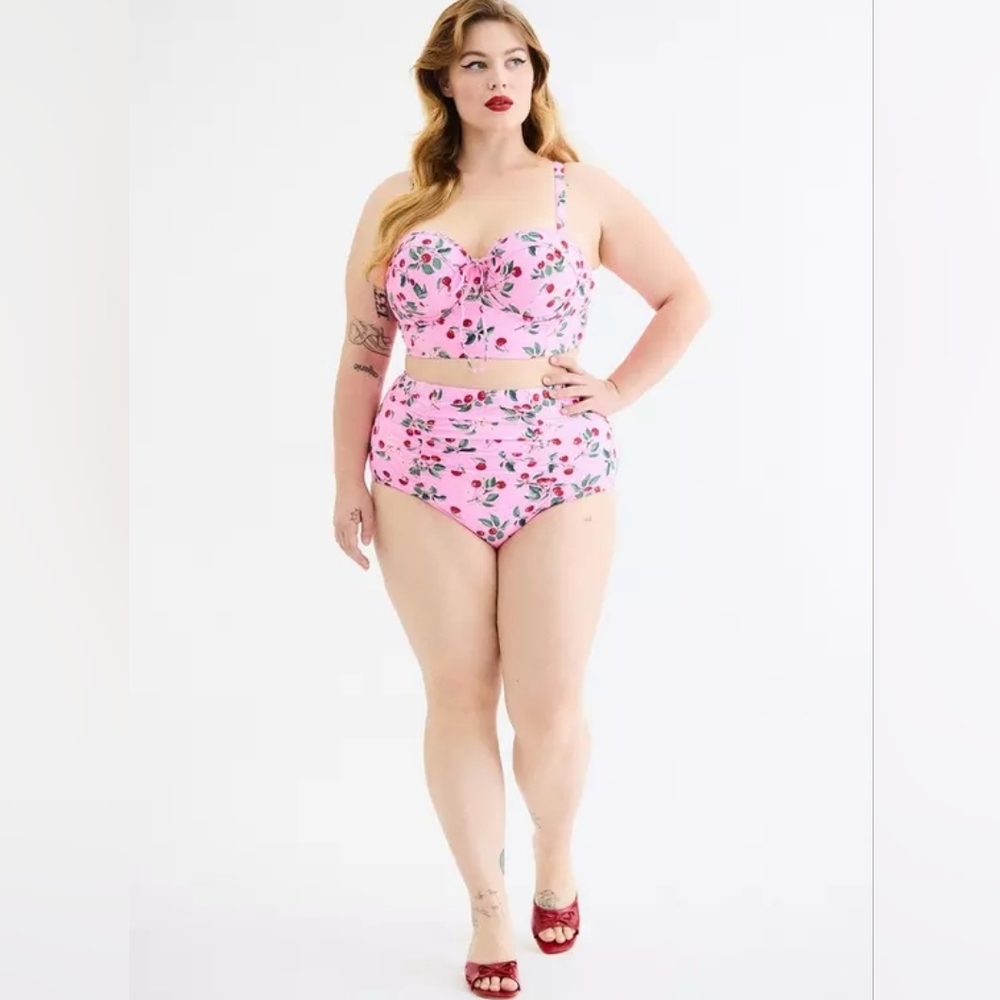 Torrid Retro Chic Pink Cherry Bikini Top & Ruched High Rise Bikini Set 4X DD/F